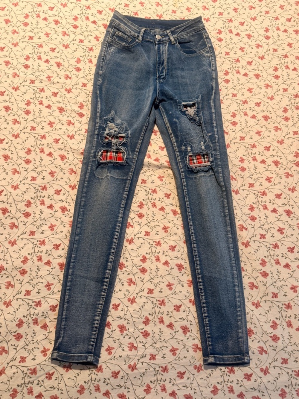SHEIN Blue Ripped Skinny Jeans with Red Plaid Knee Patches